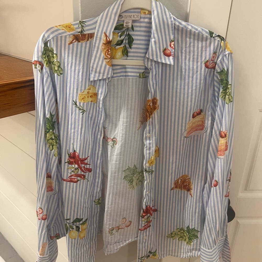 Designer Blue Striped Shirt with Food Print